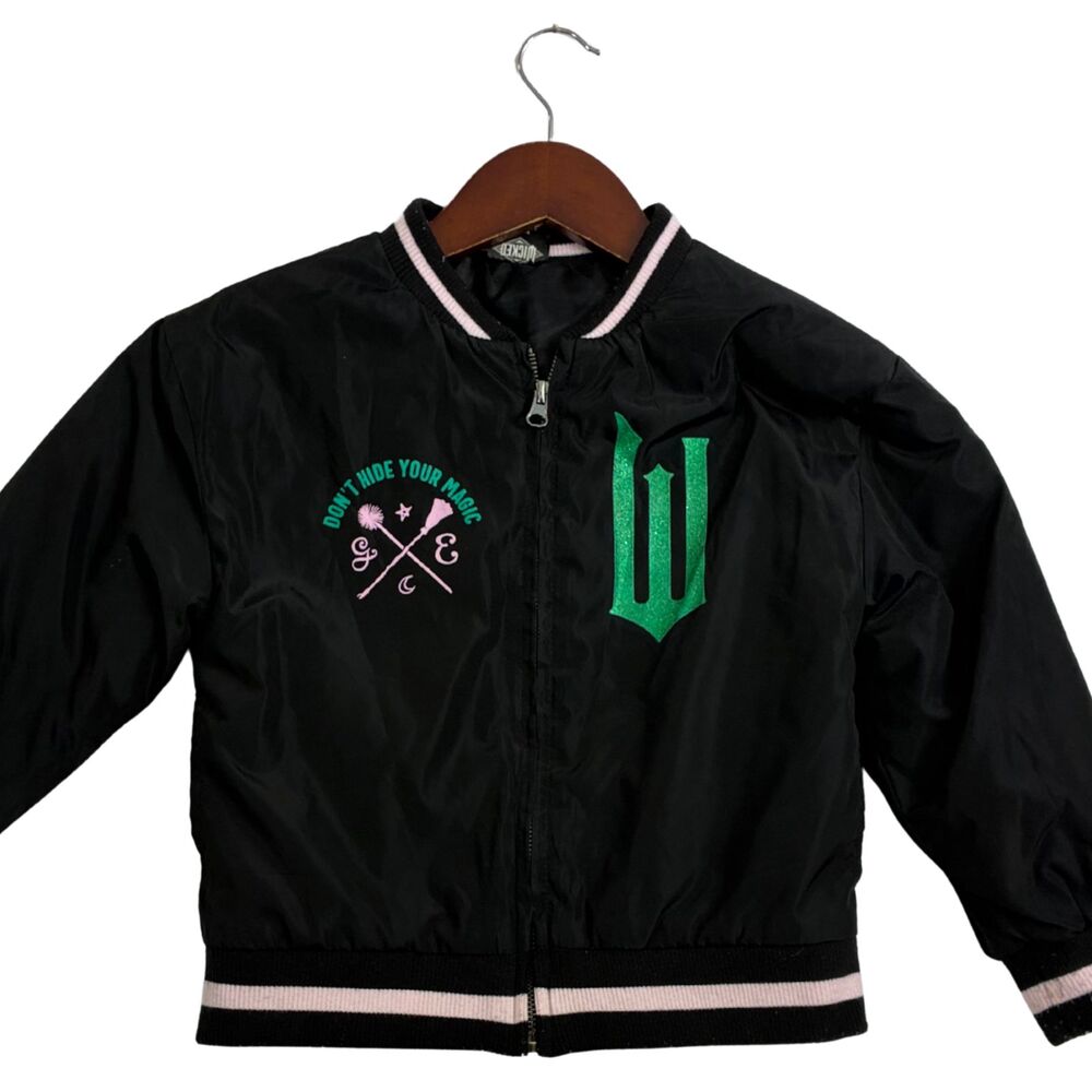 Wicked Movie Girls XS 4/5 Black Bomber Jacket Oz Elphaba Glinda Universal